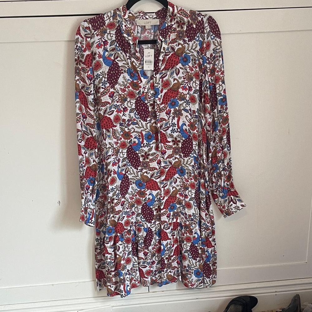 LOFT Floral Long Sleeve Dress - Red, Blue, Brown